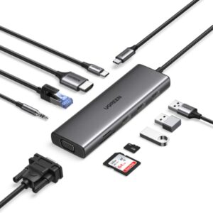 Ugreen 15601 – USB-C Hub 10-in-1: HDMI 4K, VGA, Ethernet 1 Gbps, USB 3.0 ×3, PD 100W, Audio 3.5 mm, Đầu đọc SD/TF